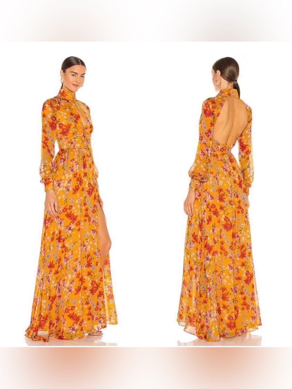 Sau Lee Carolina Gown Dress Yellow Multi Floral NWT Maxi Open Back Silk Size 4